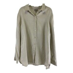 BOGO J Jill Linen Button Down Collared Shirt Tan Lightweight Breathable Large